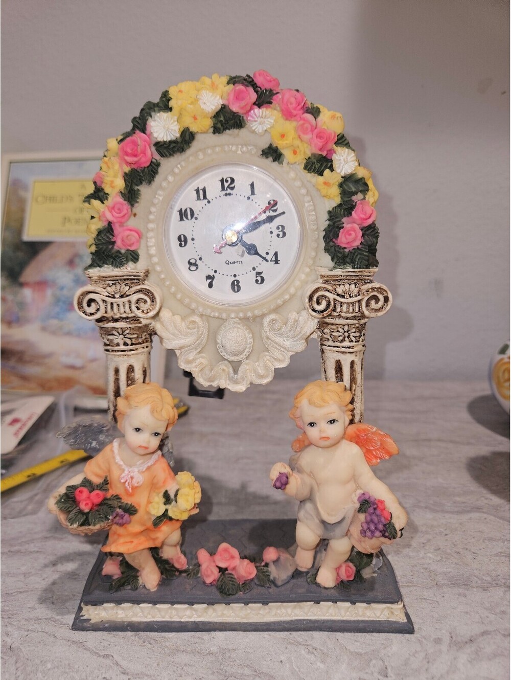 Vintage Cherub Figurine Desk Clock with Floral Arch
